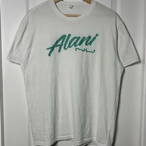 Alani Nu Official Merchandise Unisex White Teal Script Logo Graphic T-Shirt‎